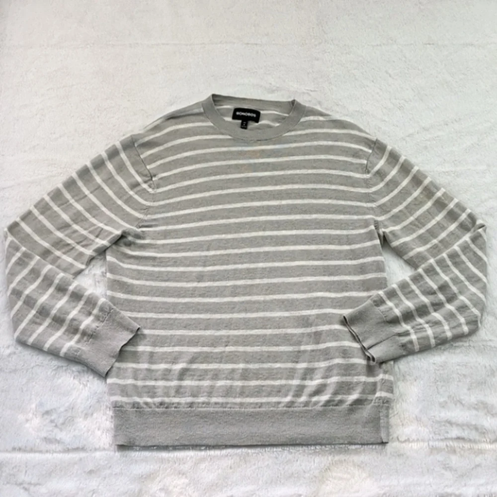 Bonobos Gray and White Linen Striped Slim Fit Sweater - Picture 2 of 7
